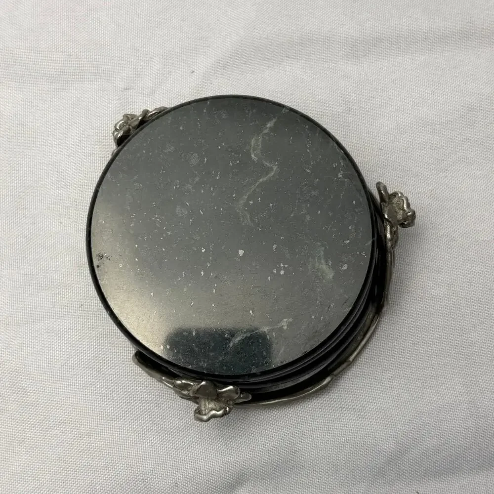 VTG Seagull Pewter 1992 Green Marble Coaster Set 4 Art Nouveau Floral Holder